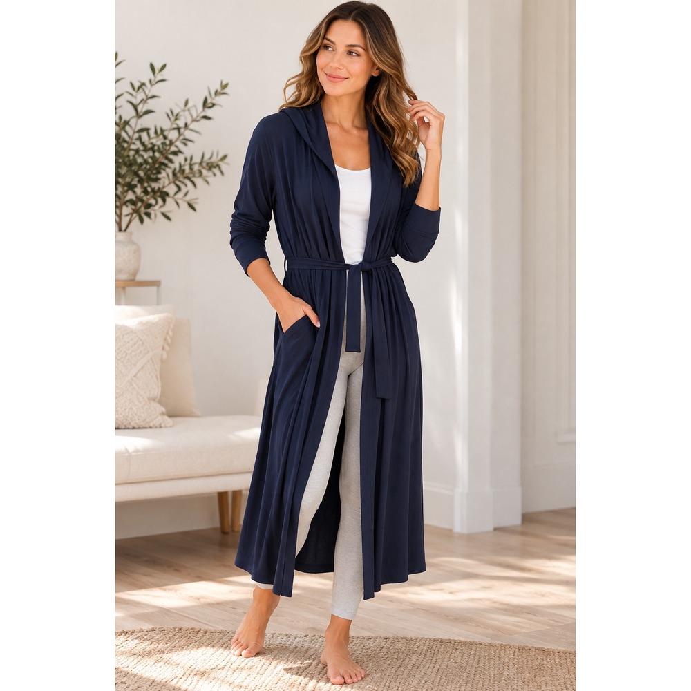 MeUndies Navy Blue Hooded Robe MicroModal Minimalist Quiet Luxury M/L